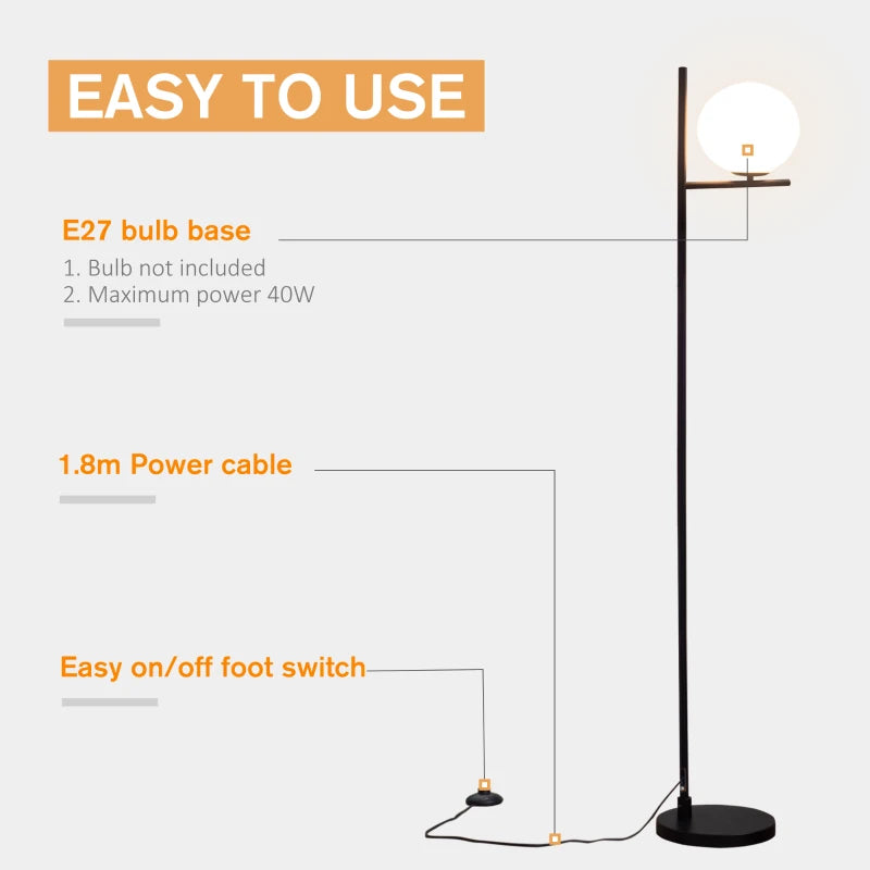 HOMCOM Modern Metal Floor Lamp with Sphere Light 159cm - Black