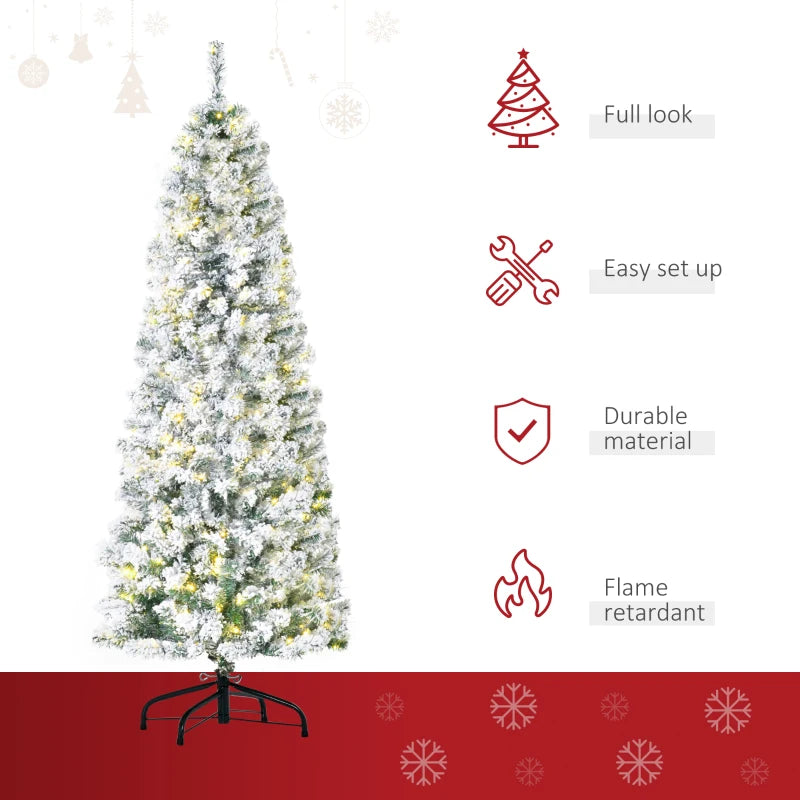 HOMCOM Christmas Tree Snow Flocked Slim 6' with 250 Warm White LED Lights