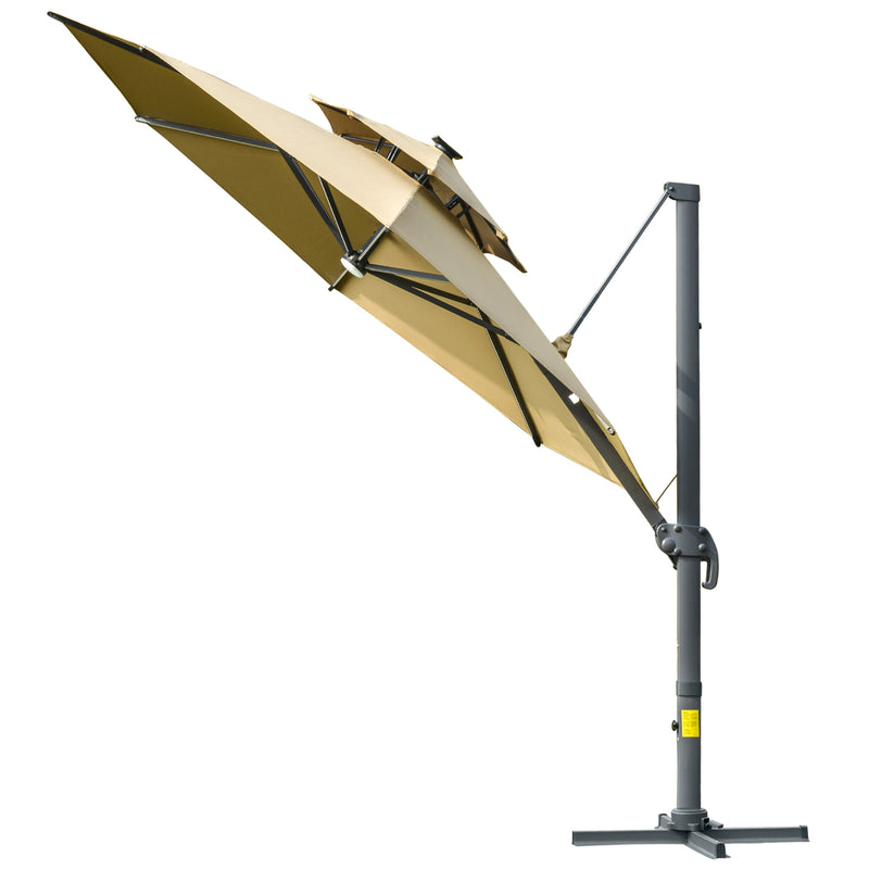 Outsunny 3m Cantilever Parasol Solar Lights Power Bank Base 360° Spin Beige