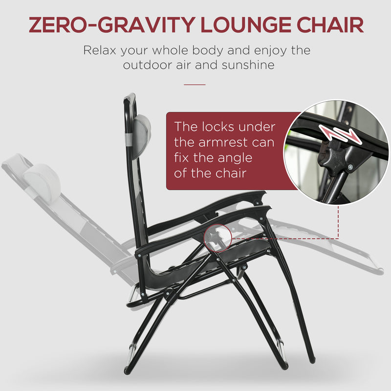 Outsunny Foldable Garden Recliner Chair Set of 2 w/ Footstool & Headrest, Grey