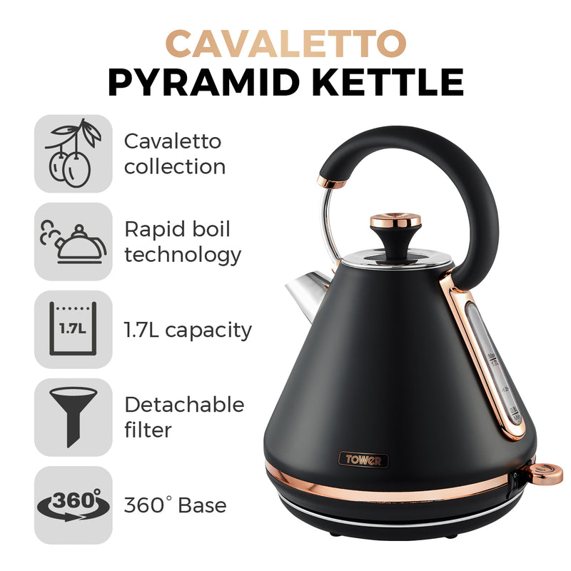 Tower Cavaletto 3KW 1.7 Litre Pyramid Kettle - Black