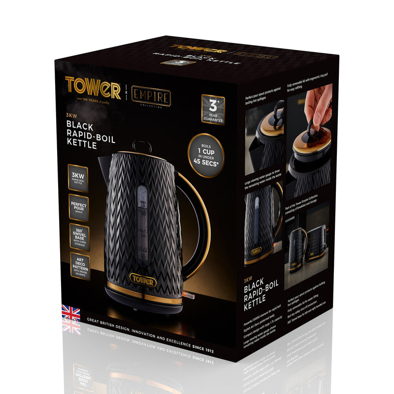 Tower Empire 3KW 1.7L Kettle with Brass Accents - Black