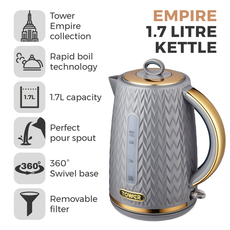 Tower Empire 3KW 1.7L Kettle with Brass Accents - Grey