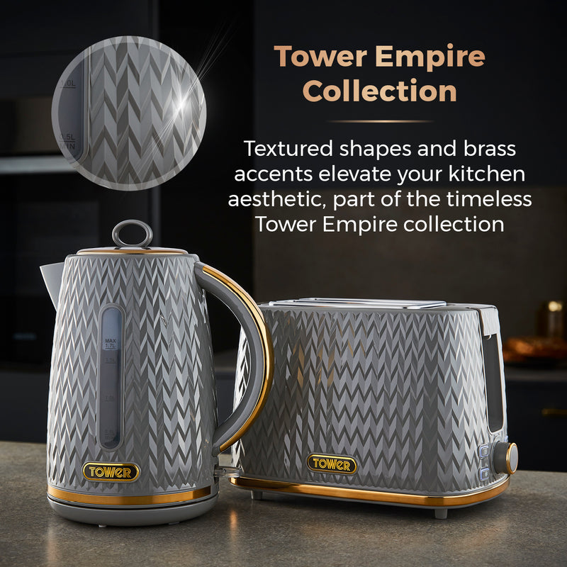 Tower Empire 3KW 1.7L Kettle with Brass Accents - Grey