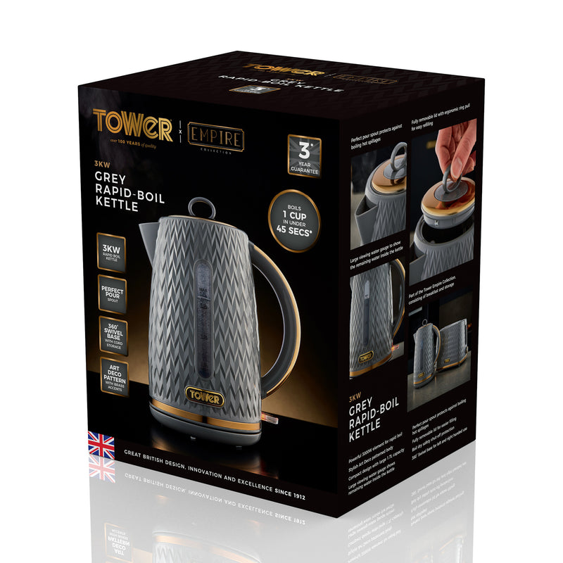 Tower Empire 3KW 1.7L Kettle with Brass Accents - Grey