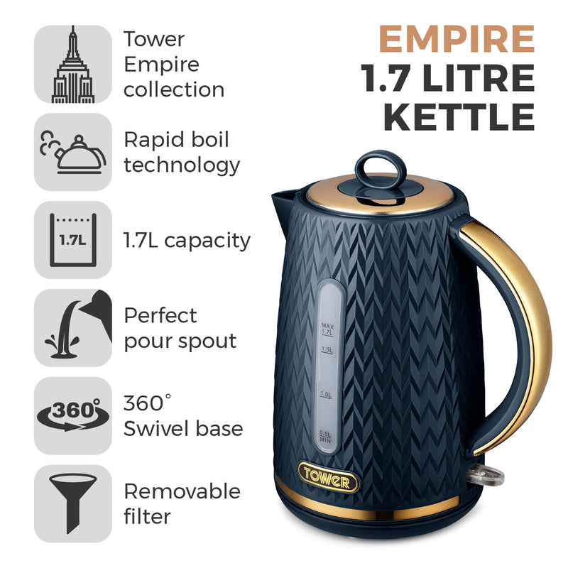 Tower Empire 3KW 1.7L Kettle with Brass Accents - Midnight Blue