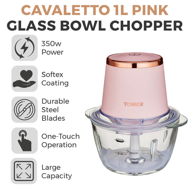 Tower Cavaletto 350W 1 Litre Glass Mini Chopper - Pink