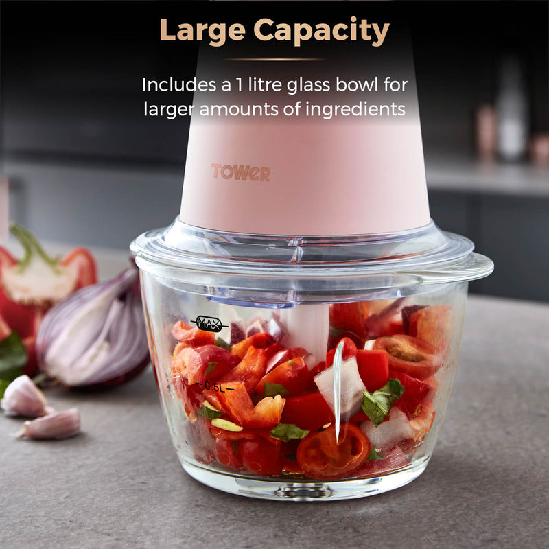 Tower Cavaletto 350W 1 Litre Glass Mini Chopper - Pink