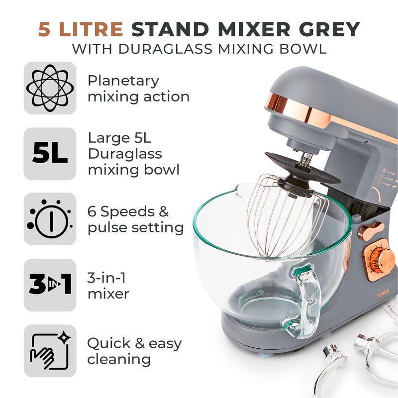 Tower Cavaletto 1000W Stand Mixer with 5L Glass Bowl - Grey