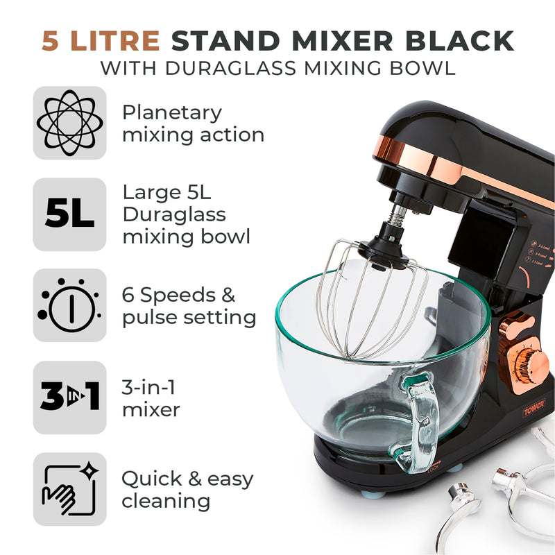 Tower Cavaletto 1000W Stand Mixer with 5L Glass Bowl - Black
