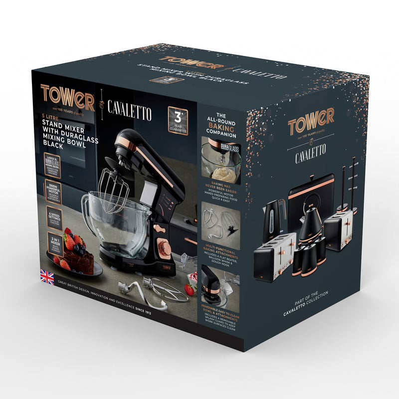 Tower Cavaletto 1000W Stand Mixer with 5L Glass Bowl - Black