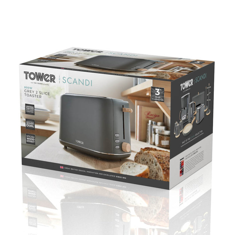 Tower Scandi 2 Slice Toaster - Grey