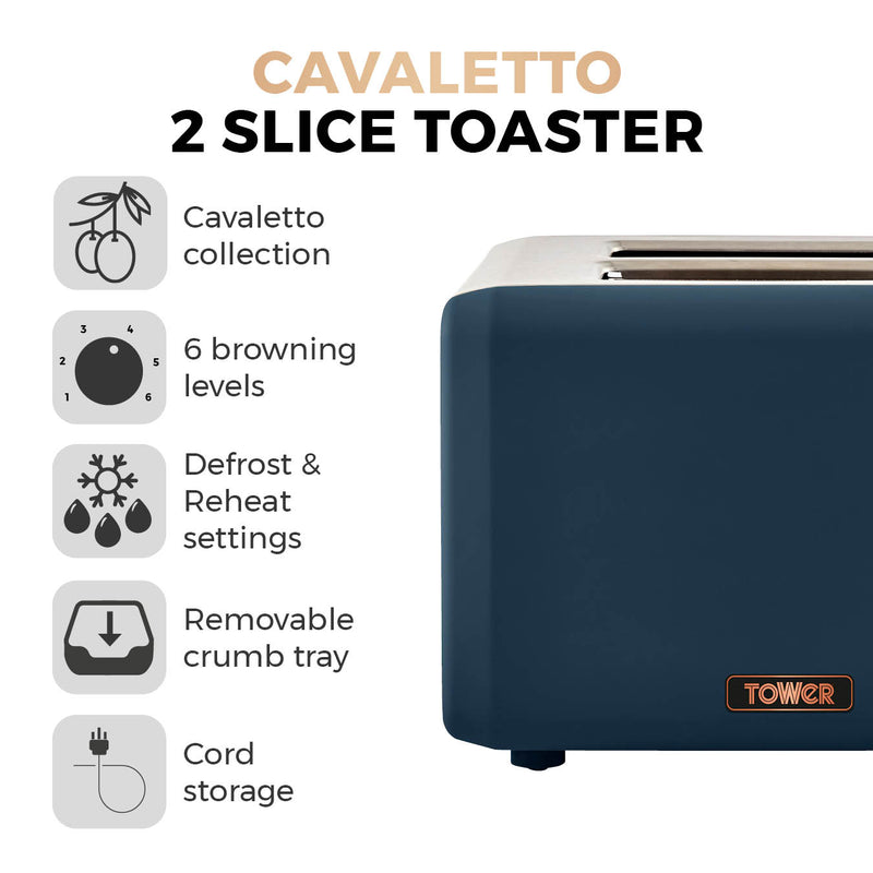 Tower Cavaletto 2 Slice Stainless Steel Toaster - Midnight Blue