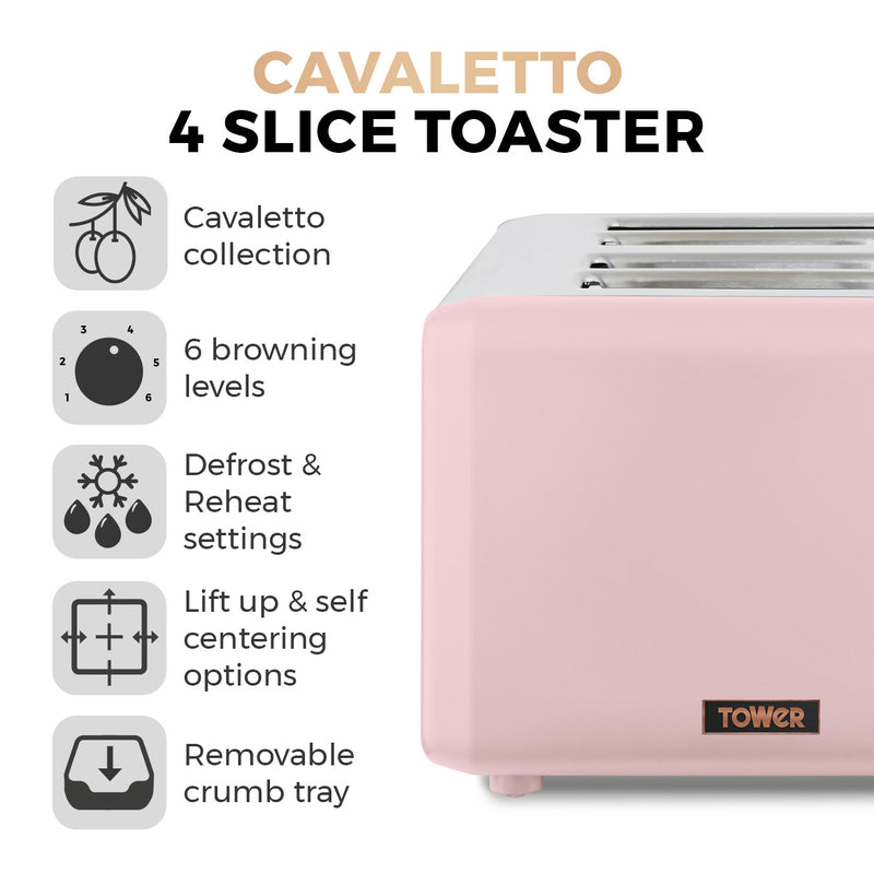 Tower Cavaletto 4 Slice Stainless Steel Toaster - Pink