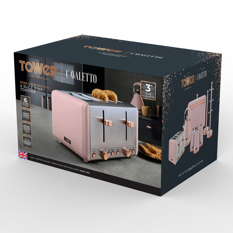 Tower Cavaletto 4 Slice Stainless Steel Toaster - Pink