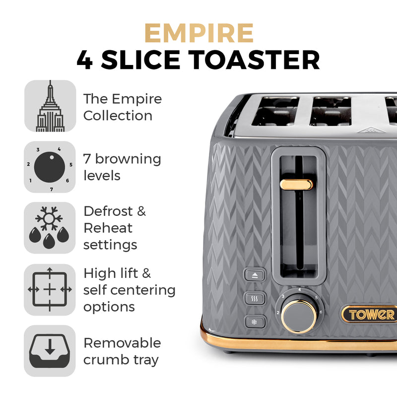 Tower Empire 4 Slice Toaster - Grey