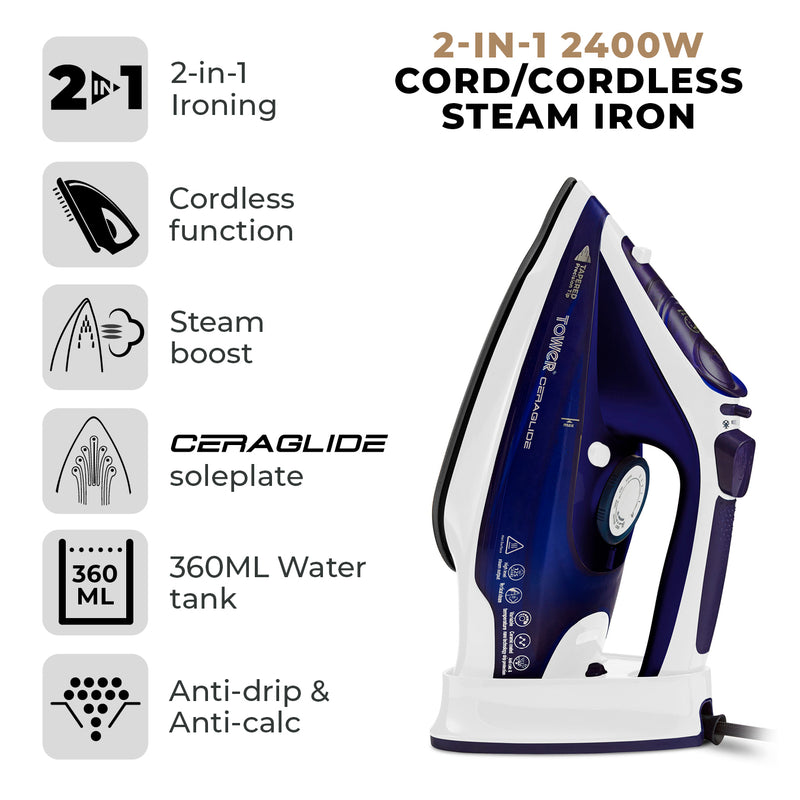 Tower CeraGlide 2400W Cord Cordless Steam Iron - Blue