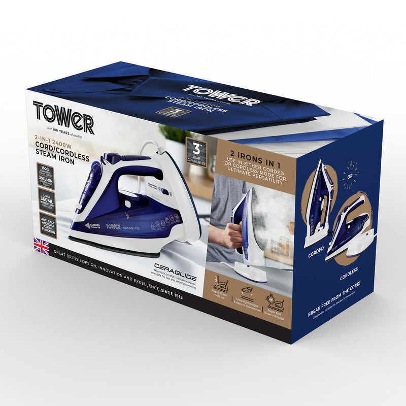 Tower CeraGlide 2400W Cord Cordless Steam Iron - Blue