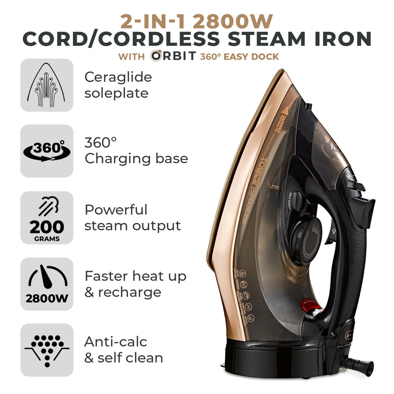 Tower Ceraglide Steam Iron 2800W 360 Cord Cordless - Black / Rose Gold