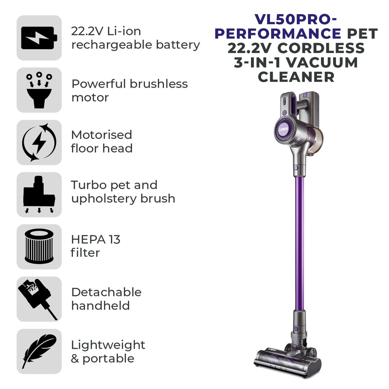 Tower VL50 Pro Performance Pet 22.2V Cordless 3-IN-1 Vacuum Cleaner Purple