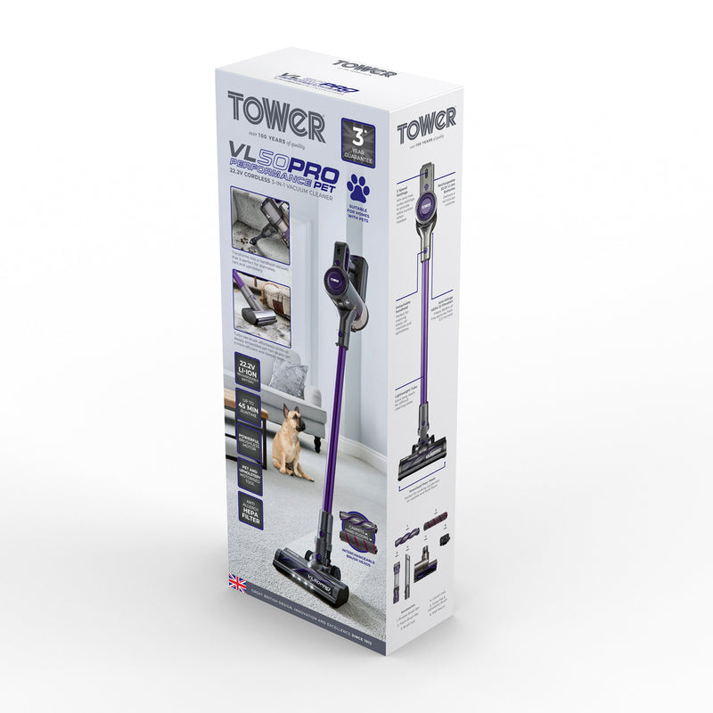 Tower VL50 Pro Performance Pet 22.2V Cordless 3-IN-1 Vacuum Cleaner Purple