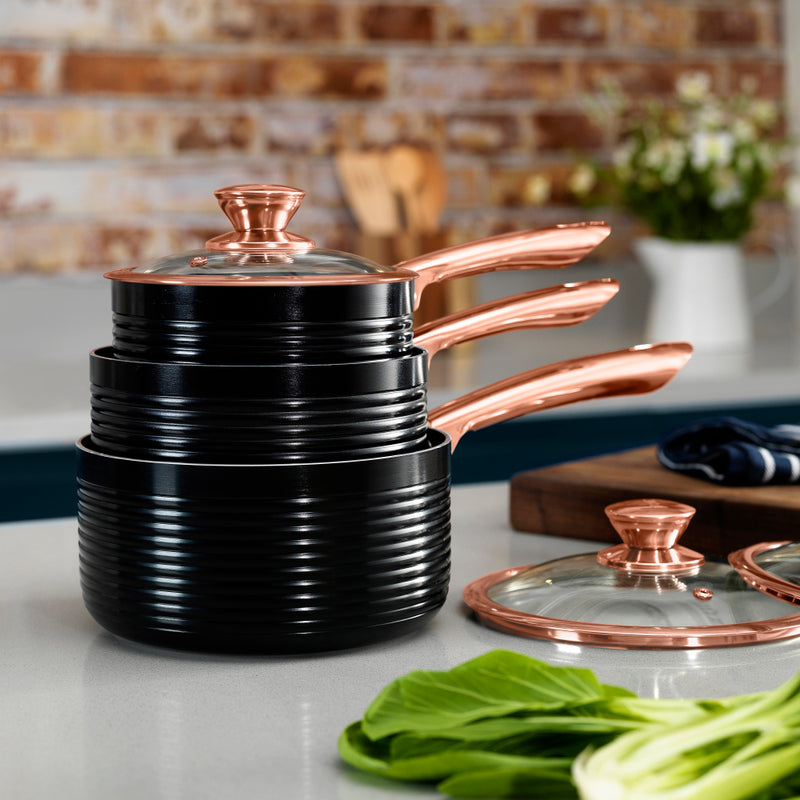 Tower Linear Rose Gold 3 Piece Saucepan Set - Black