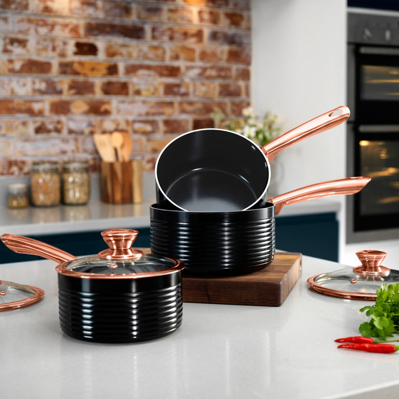 Tower Linear Rose Gold 3 Piece Saucepan Set - Black