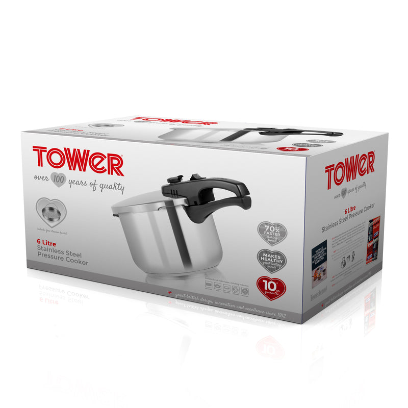 Tower 6 Litre Stainless Steel Pressure Cooker 22cm - Silver