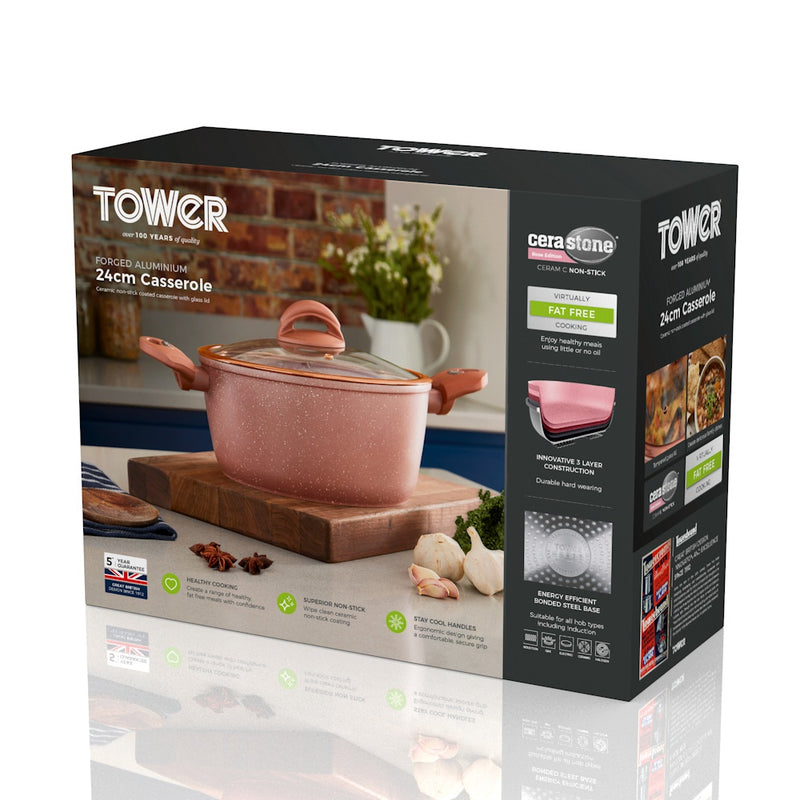Tower Cerastone 24cm 4.2 Litre Casserole - Rose Pink