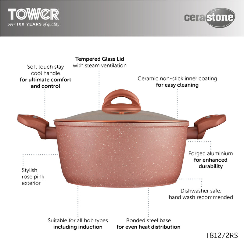 Tower Cerastone 24cm 4.2 Litre Casserole - Rose Pink