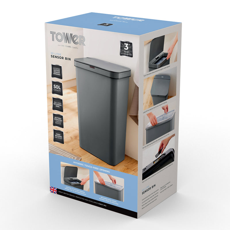 Tower Rectangular Sensor Bin 50L Grey