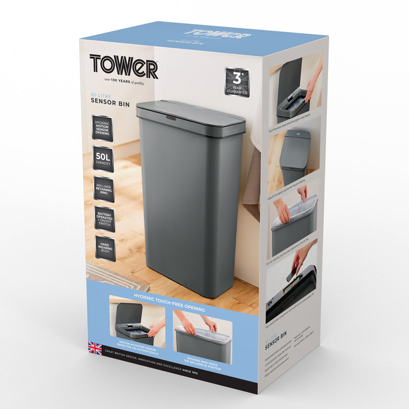 Tower Rectangular Sensor Bin 50L Grey