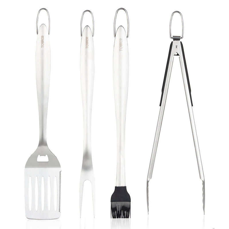 Tower 4 Piece BBQ Tools Set - Silver