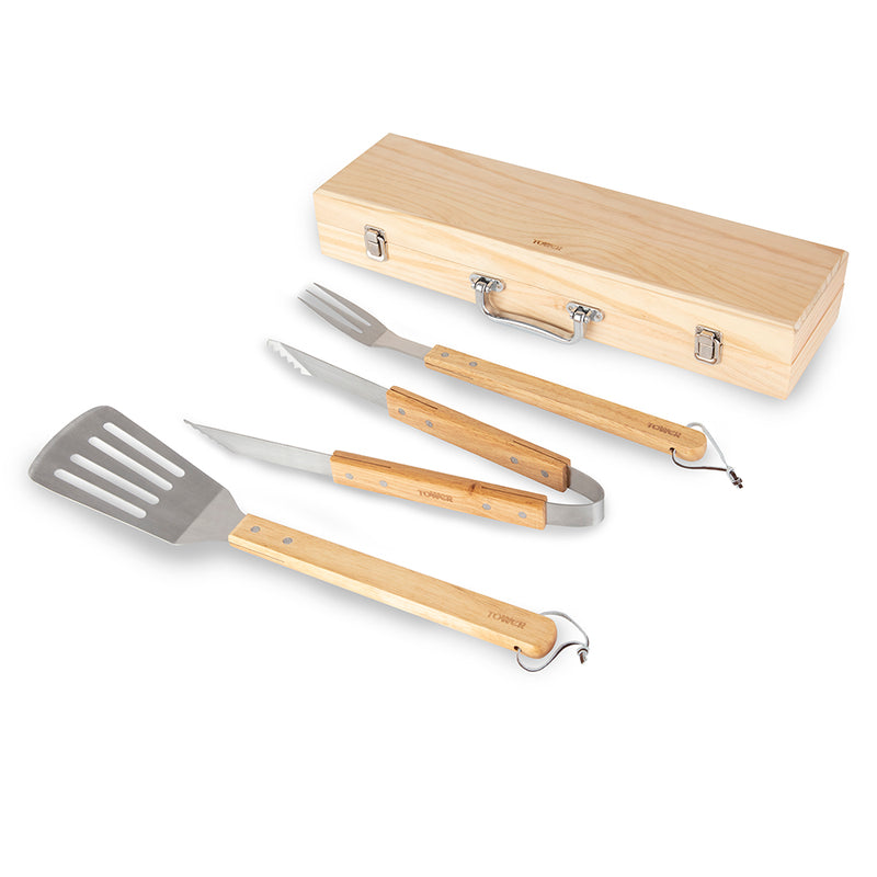 Tower 4 Piece BBQ Tools Set - Wood Storage Box