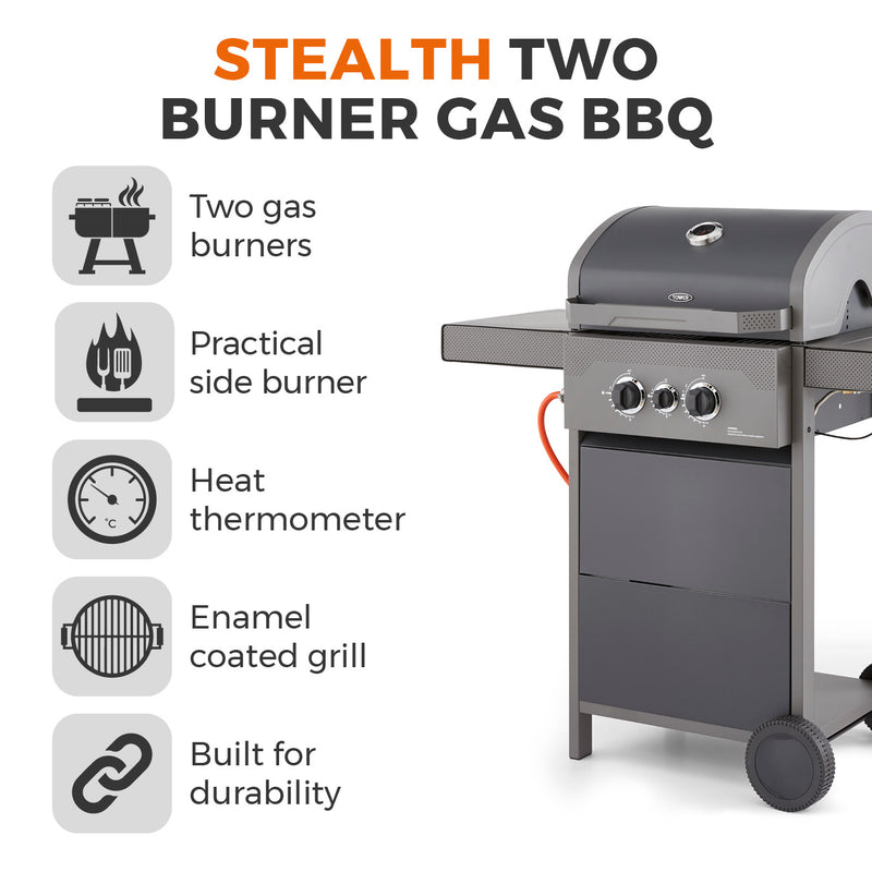 Tower Stealth 2000 Two Burner BBQ w/ Side Burner - Black