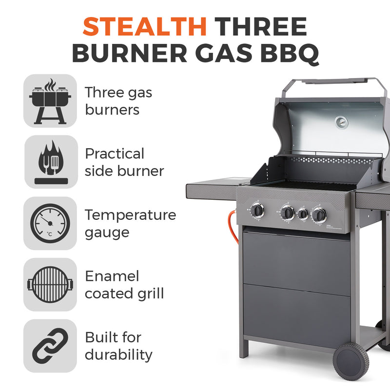 Tower Stealth 3000 Three Burner BBQ w/ Side Burner - Black