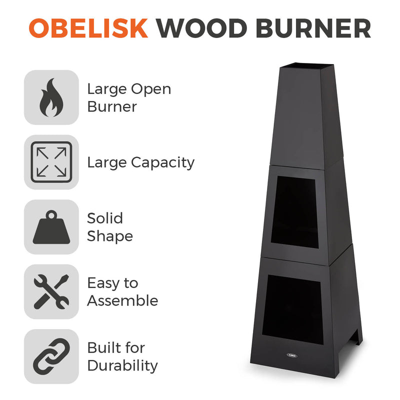 Tower Obelisk Wood Burner - Black