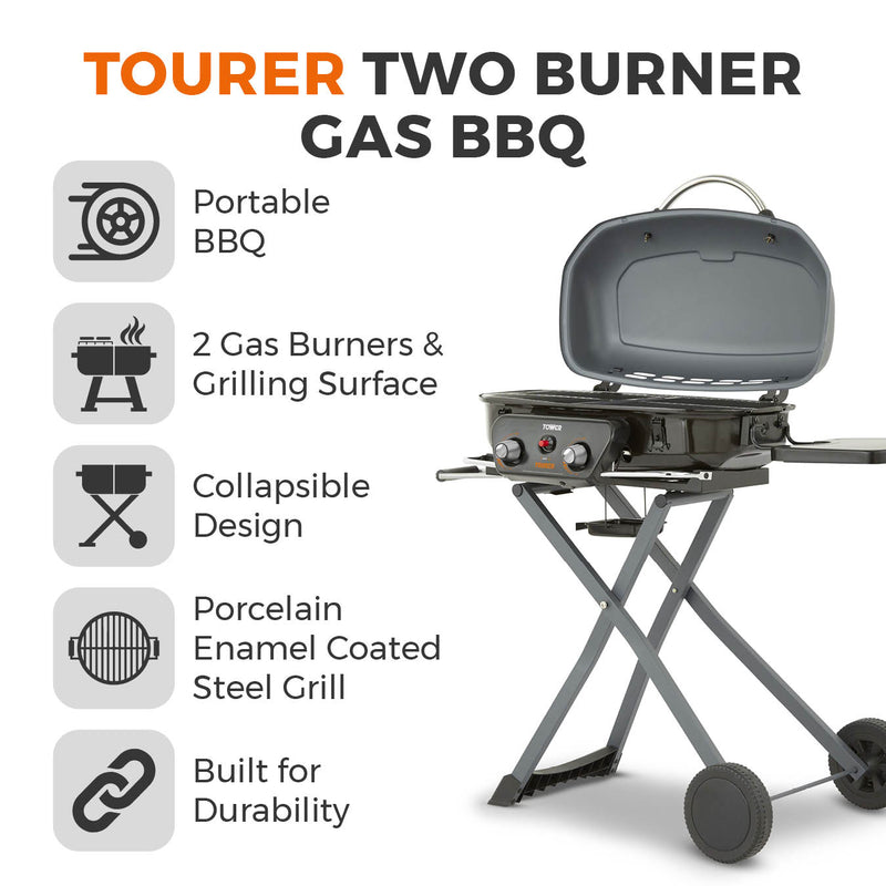 Tower Tourer Two Burner Portable Gas BBQ - Grey