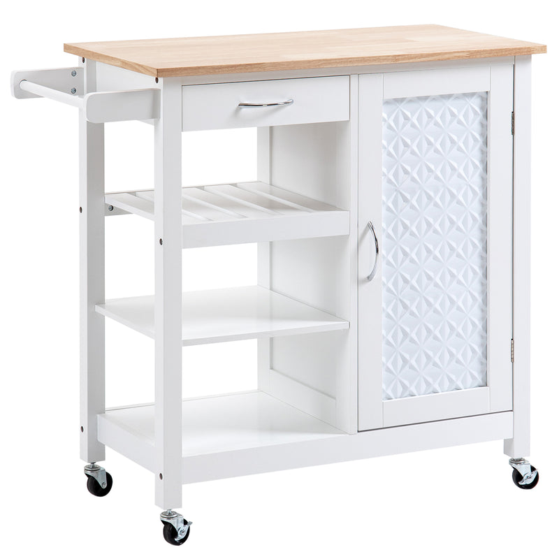 HOMCOM Kitchen Cart on Wheels Trolley with Embossed Door Panel, Drawer, White