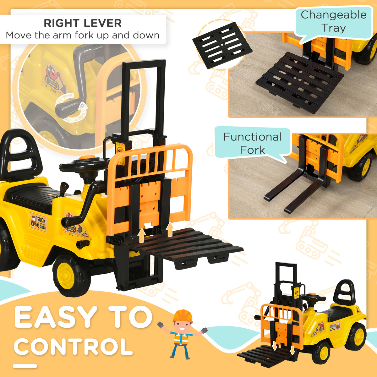 HOMCOM Kids Ride on Forklift Trust with Fork and Tray Yellow