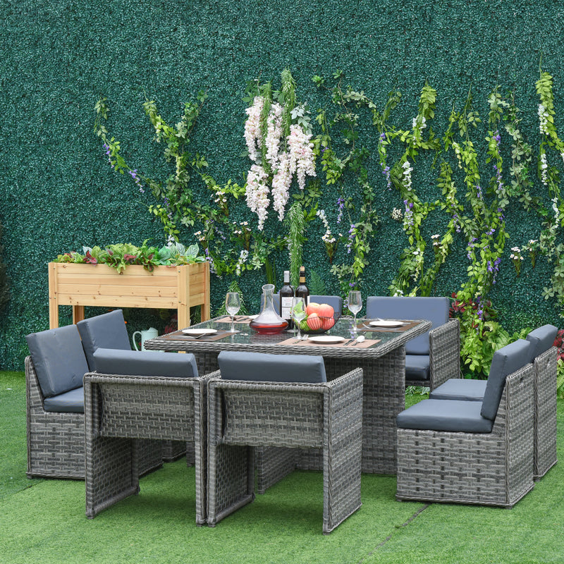Outsunny 9 Pieces PE Rattan Cube Garden Furniture Set with Cushions, Outdoor Dining Table Set with 4 Armchair, 4 Single Seat, and Glass Top Table w/ Umbrella Hole, Mixed Grey
