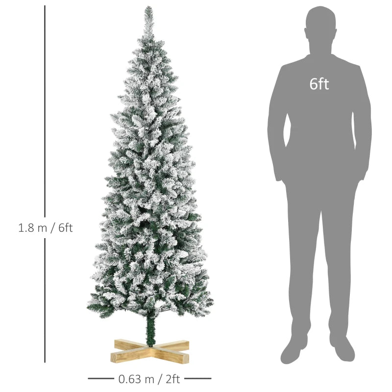 HOMCOM Christmas Tree Snow Flocked Slim 6' with Pinewood Base