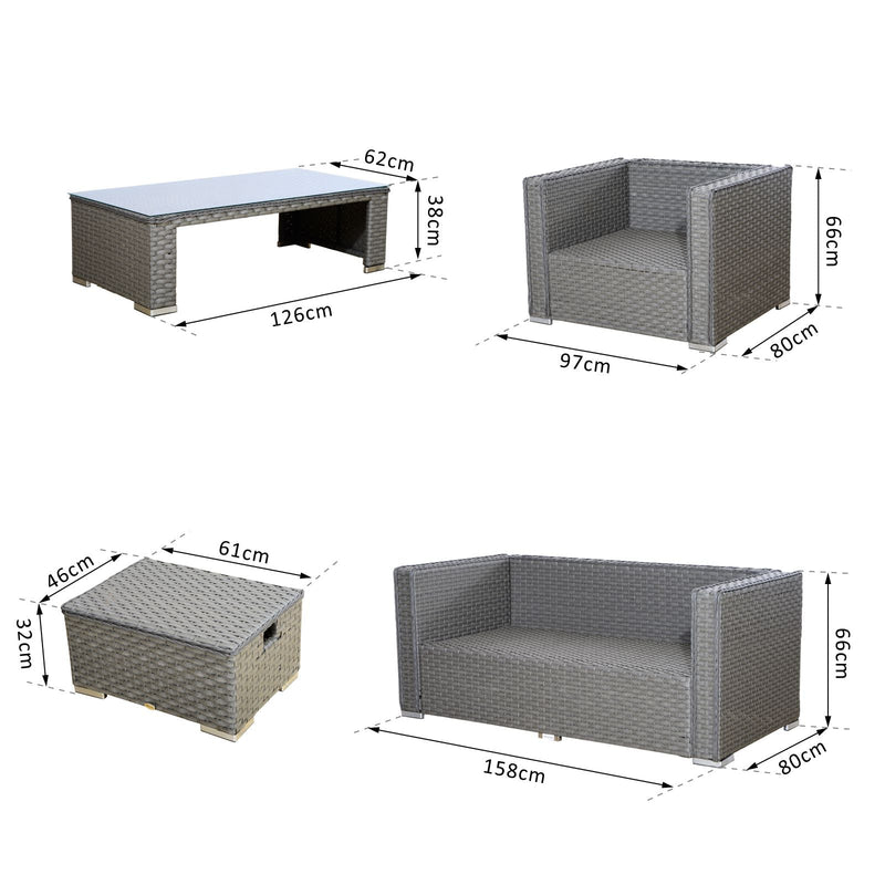 Outsunny 6PC Garden Rattan Sofa Set Bonzer Outdoor Furniture Patio Table Loveseat Stool Lounging Ottoman Aluminium Frame Wicker Weave Conservatory Grey