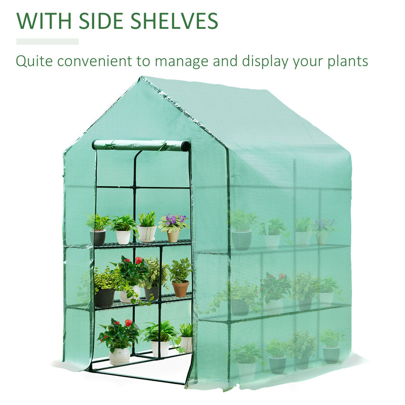 Outsunny 143x143x195 cm Walk in Greenhouse with Shelves-Dark Green