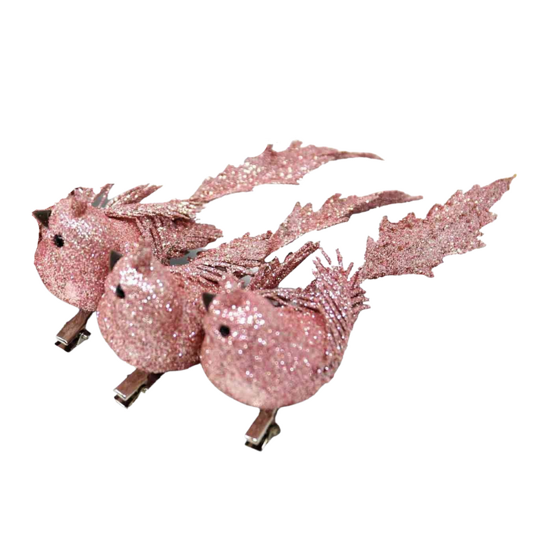 Christmas Sparkle Pack of 3 Glitter Feathered Birds Large in Pink
