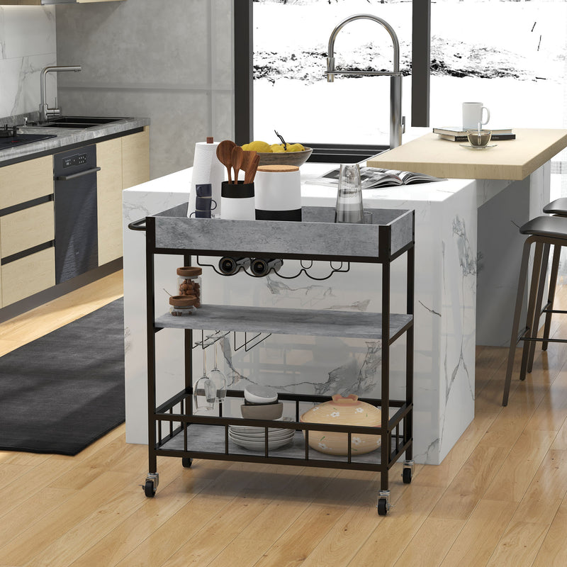 HOMCOM Industrial Bar Cart, 3-Tier Kitchen Trolley on Wheels with Wine Rack