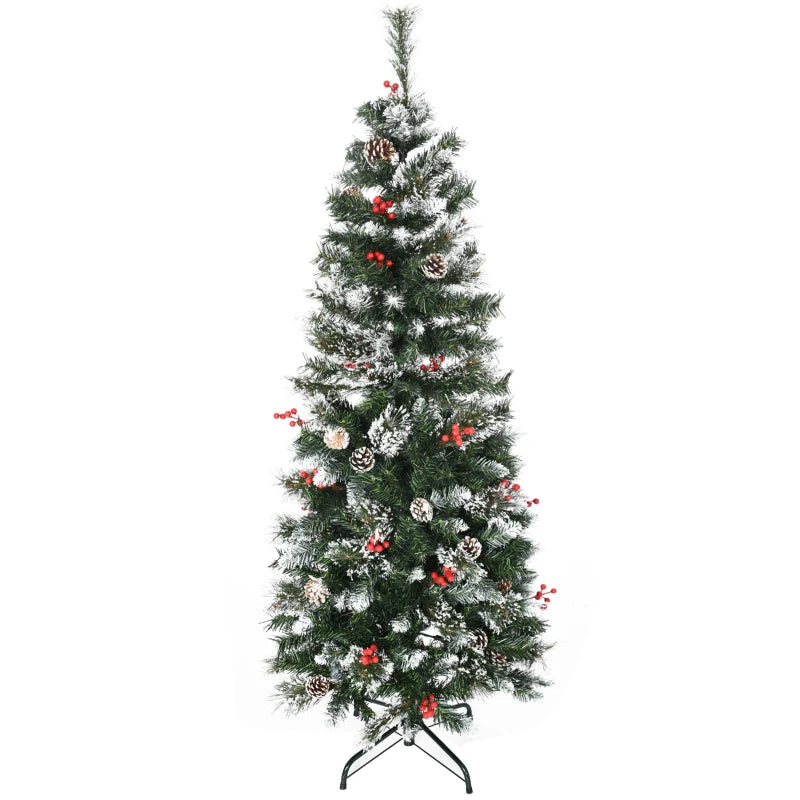 HOMCOM Christmas Tree Snow Dipped Slim 5' with Pine Cones & Berries