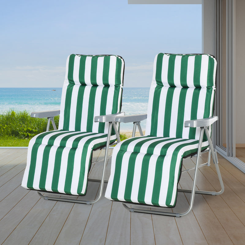 Outsunny Set of 2 Garden Patio Outdoor Sun Recliners Loungers Folding Foldable Multi Position Relaxers Chairs with Cushions Fire Retardant Sponge (Green White)