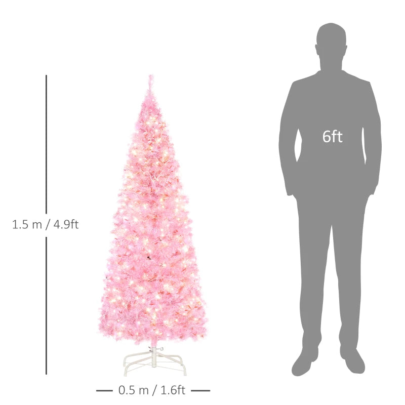 HOMCOM Christmas Tree Slim Pink 5' with 250 Warm White LED Lights