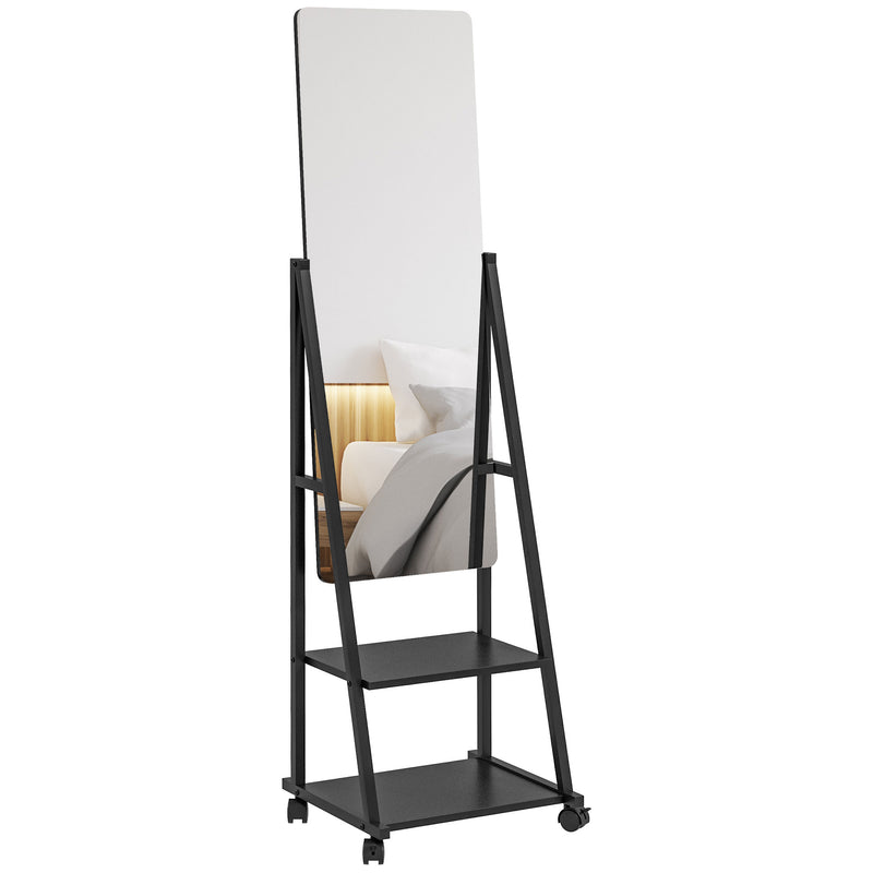 HOMCOM Free Standing Full Length Mirror, Rolling Full Body Mirror with Adjustable Angle, 2 Storage Shelves and 4 Wheels for Bedroom, Living Room, Hallway, Black